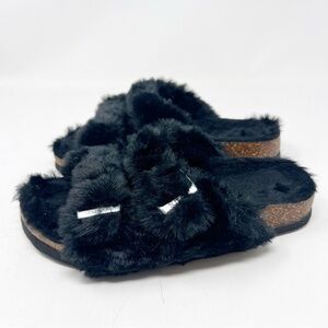 KIDMI BLACK FAUX FUR SLIP ON SLIPPERS CORK FOOTBED ADJUSTABLE BUCKLE SZ 5-6 NWOT
